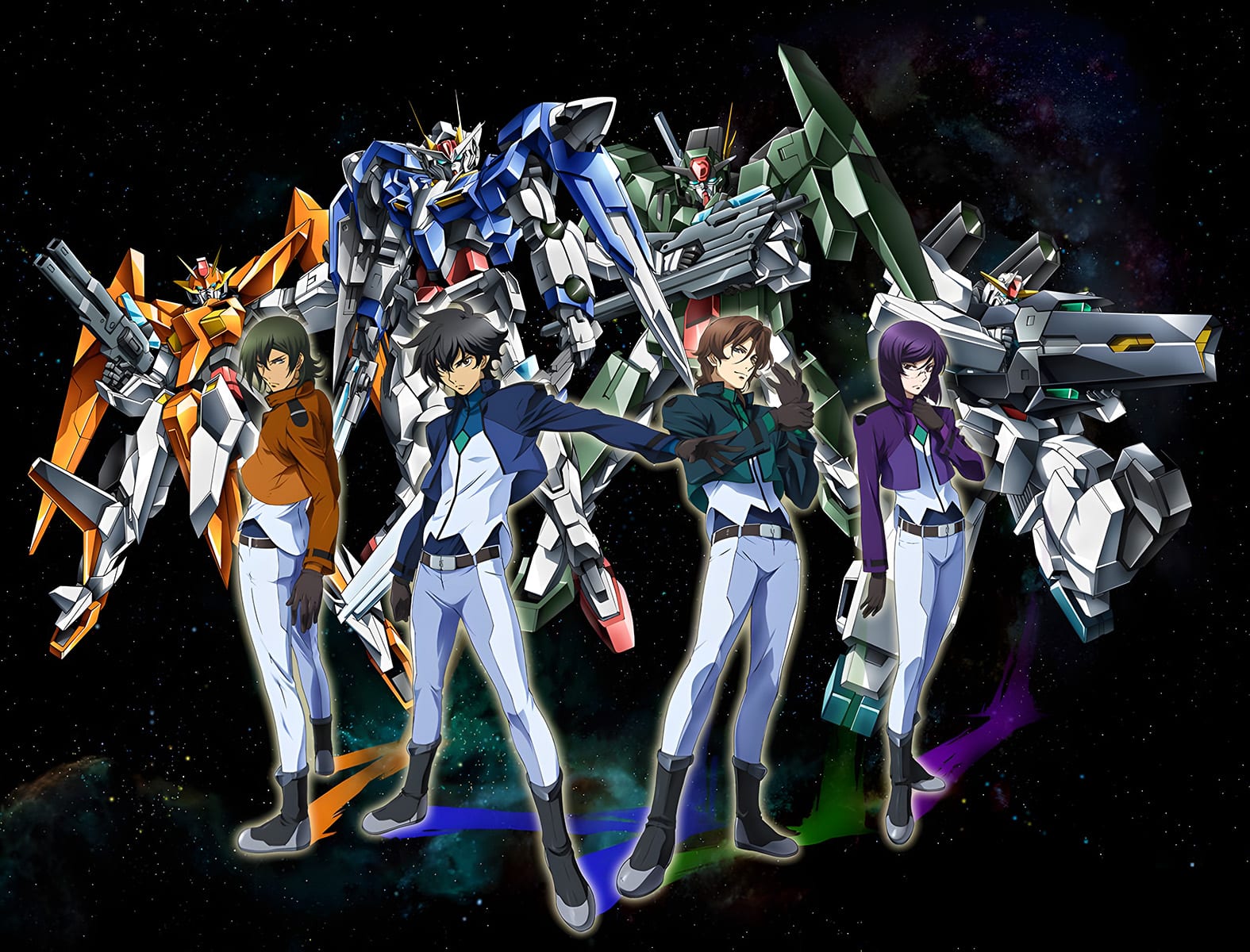 Image of the protagonists of Gundam 00 and their Gundams