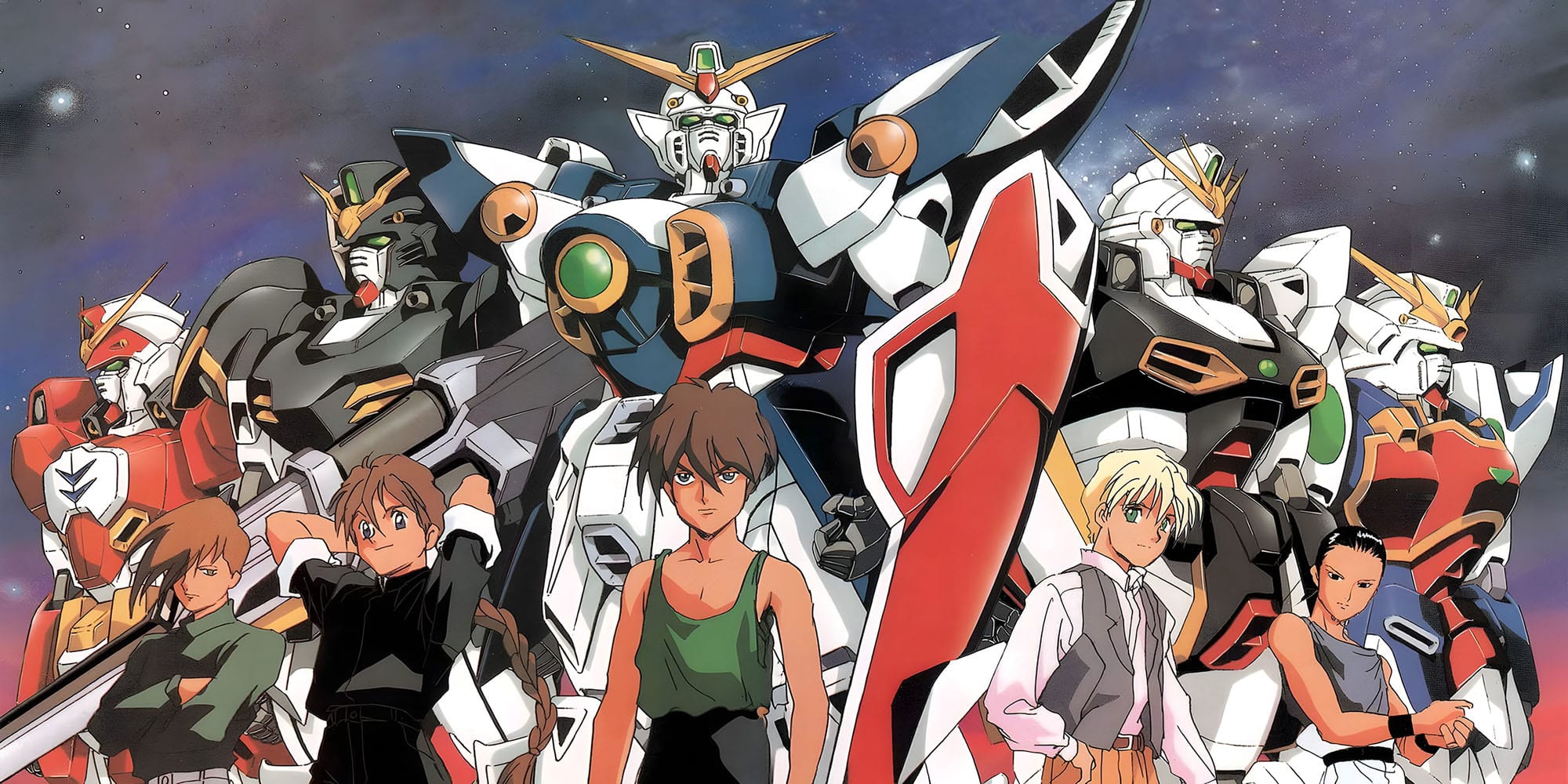 Image of the Gundam Wing protagonists and mobile suits